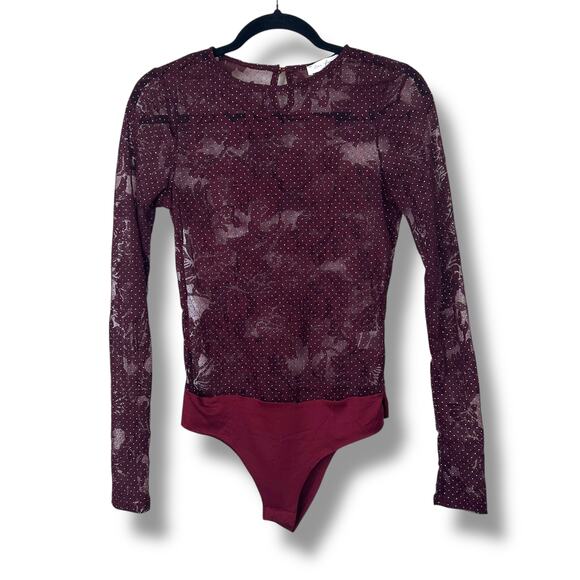 Ces Femme Boutique New Burgundy Red Floral Lace Mesh Rhinestone Bodysuit Small - Picture 2 of 9
